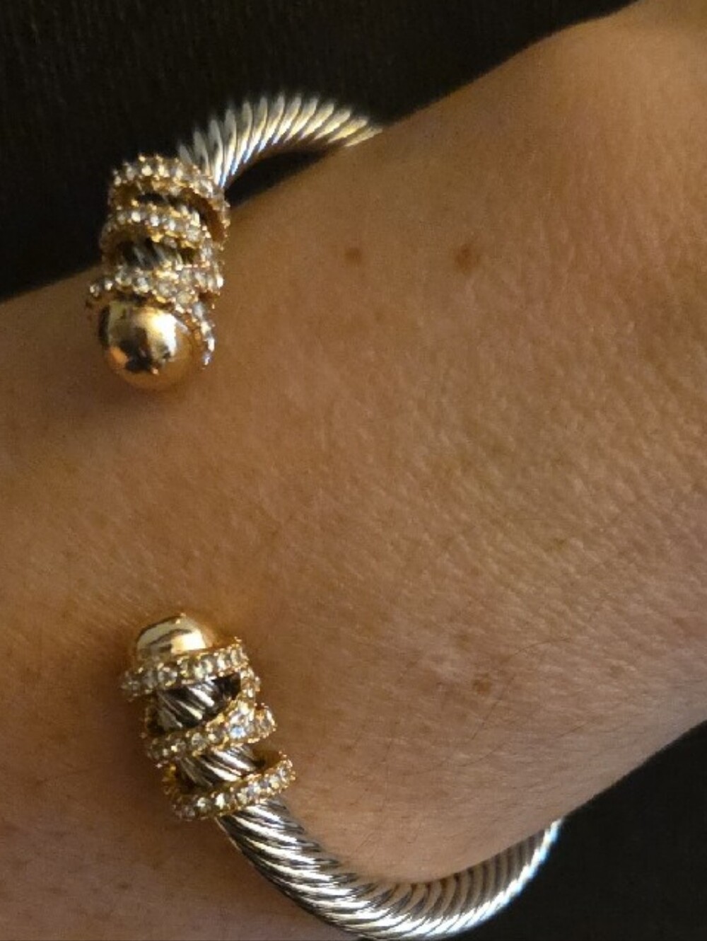 Gold Tone and Silver Tone Cable Cuff Bangle Rope Bracelet Pave Crystal Accents - Picture 5 of 8